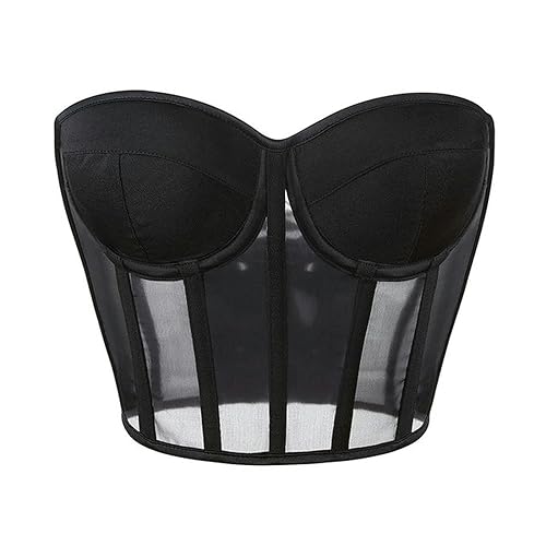 CABULE Sexy Korsett Schwarzer, transparenter BH, Netz-Push-Up-BH, Damen-Tops, Korsett-BH, Club-Party, kurze Oberteile, Dessous, Übergröße, Schwarz, S von CABULE