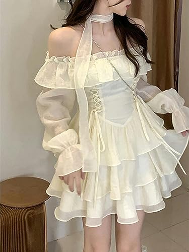 CABULE Sommer Langarm Elegantes Minikleid Lolita Reine Farbe Kurzes Partykleid Frau Lässiges Süßes Einteiliges Kleid Koreanische Mode-Wie abgebildet-M von CABULE