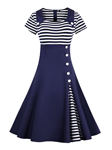 CABULE Tunik Gaun Musim Panas Vintage Streifen A Linie Lengan Pendek Gaun Frauen Button Up Hohe Taille Swing Kleid-2,M von CABULE