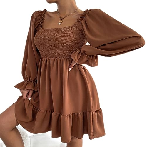 Frauen Stretch-Kleid Rüschen Hohe Taille Dünne A-Linie-Kleid Pullover Quadrathals Langarm Rüschenkleid-Braun-XL von CABULE