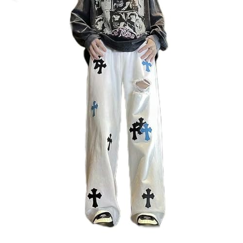 High Street Blue Cross White Hosen Herren Straight Washed Casual High Street bestickte Jeans Damen-Weiß-M von CABULE