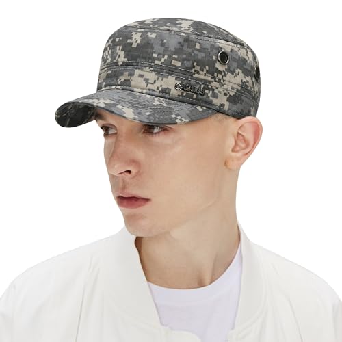 CACUSS Herren Baumwolle Vintage Army Kappe Cadet Hat Military Flat Top Verstellbare Baseballmütze Sommer Trucker Hut von CACUSS