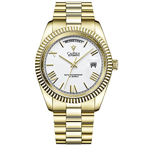 CADISEN Automatik Uhr Herren Mit Gangreserve Automatik Saphirglas Wasserdicht Edelstahlarmband (Goldene weiße Nudeln) von CADISEN