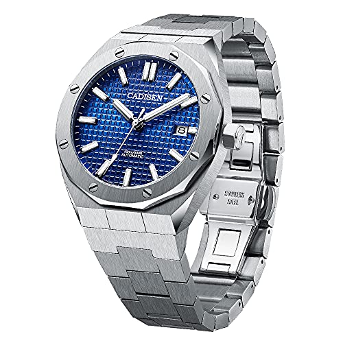 CADISEN Automatik Uhr Herren Saphirglas 100M Wasserdicht Armbanduhr (Blaues Gitter) von CADISEN