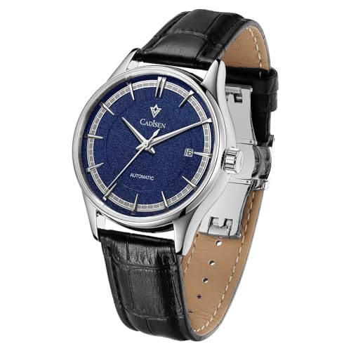 CADISEN Automatik Uhr Herren Saphirglas Wasserdicht Echtes Lederband Armbanduhr (blau) von CADISEN