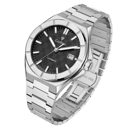 CADISEN Herren Automatikuhr Mechanisch Wasserdicht Saphir Uhren für Männer Edelstahlband Armbanduhr, Schwarz von CADISEN