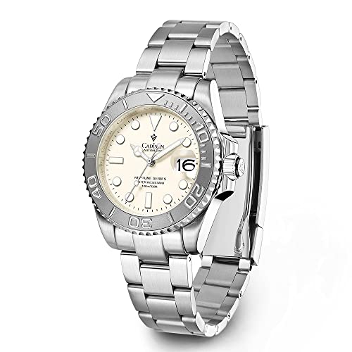 CADISEN Herren automatische Automatikuhr Elegante lässige Business mechanische Uhr mit Saphirglas Edelstahl Armband (White) von CADISEN