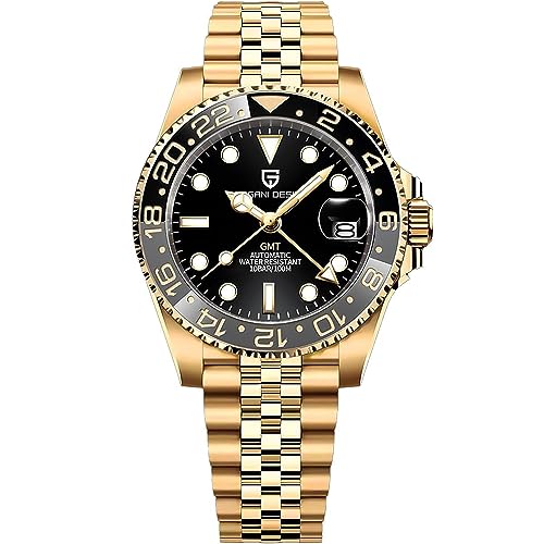 CADISEN Pagani Design Herren Automatik Mechanische Uhr Top Marke Edelstahl Saphirglas Taucheruhr Sport Geschenk Reloj Hombre 1662 GMT, Jubilee Full Gold, Taucher, mechanisch von CADISEN