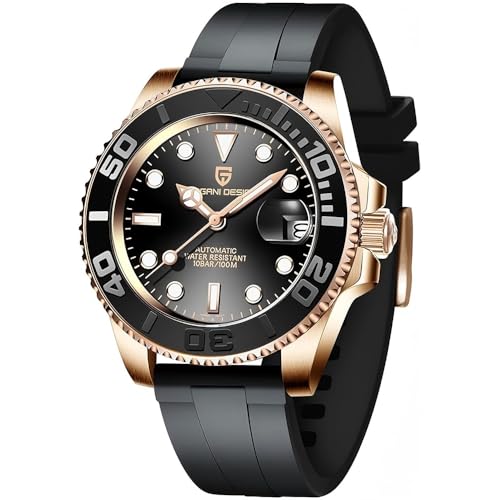 CADISEN Pagani Design Uhr für Herren Automatik NH35 Mechanisch 100M Wasserdicht Edelstahl Saphirglas Yacht Armbanduhr Drehbare Lünette 100 Meter Wasserdicht Automatikuhr PD-1651, (Gummi Gold Schwarz) von CADISEN