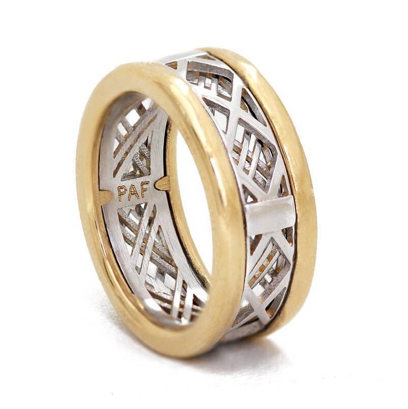 Benutzerdefinierte Versprechen Ring Ihn + Her, Einzigartiges Netz Mann Hochzeit Band, Zwei Ton-Eheringe, Boho Kreuz Band, Strukturierte von CADIjewelry