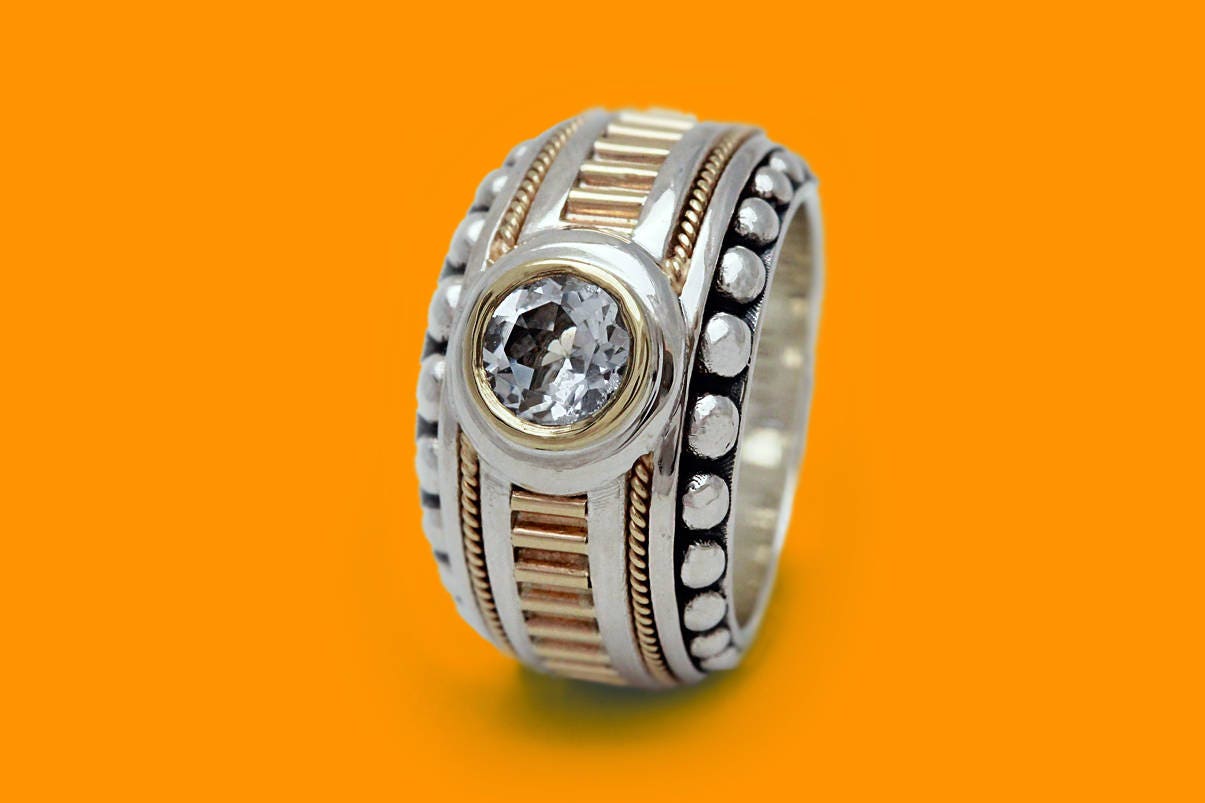 Boho Statement-Ring, Personalisierter Flossenschmuck Mit Natürlichem Weißem Topaz-Stein, Chunky Großes Solitärsilber Goldenem Ring, Geschenk Für Mama von CADIjewelry