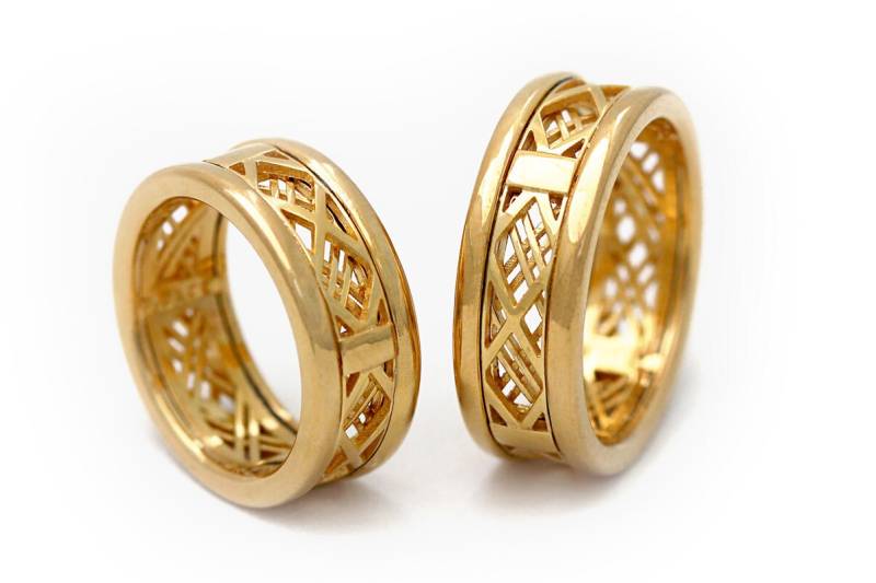 Einzigartige Verlobungsringe Set, Passende Eheringe, 14 K Gold Band Gesetzt, Braut-Bräutigam-Ring-Set, Gitter Paar-Ring-Set, Herren-statement-Ringe von CADIjewelry