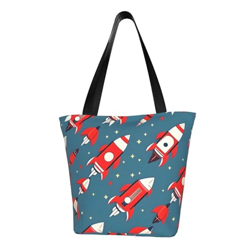 Bequeme Schultertasche mit Cartoon-Raketen-Druck, Sommer-Handtasche, Reisen, Strand, Arbeit, täglicher Gebrauch, vielseitig zu tragen von CADREWY