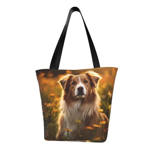 Bequeme Schultertasche mit Hunde- und Blumendruck, Sommer-Handtasche, Reisen, Strand, Arbeit, täglicher Gebrauch, vielseitiges Tragen von CADREWY