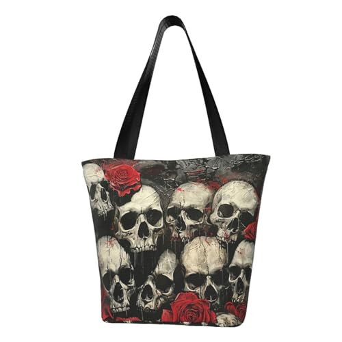 Bequeme Schultertasche mit Totenkopf- und Rose-Aufdruck, Sommerhandtasche, Reisen, Strand, Arbeit, täglicher Gebrauch, vielseitiges Tragen von CADREWY