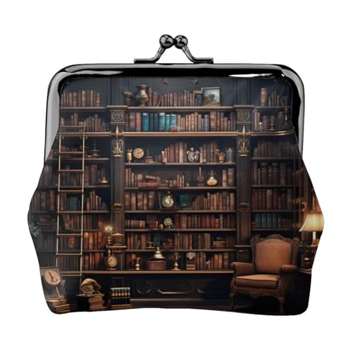 Bibliotheks-Bücherregal-Druck, tragbare Damen-Münzgeldbörse, niedlich, Mini-Reißverschluss, Geldbörse mit Kussschloss, Kreditkarten, Schwarz, Einheitsgröße von CADREWY