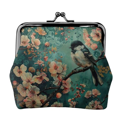 Blumen- und Vogel-Kunstdruck, tragbare Damen-Münzgeldbörse, niedlich, Mini-Reißverschluss, Geldbörse mit Kussverschluss, Kreditkarten, Schwarz, Einheitsgröße von CADREWY