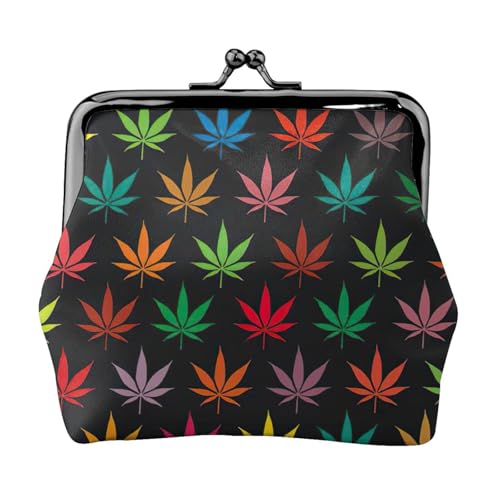 Bunte Cannabisblätter-Druck, tragbare Damen-Münzgeldbörse, niedlicher Mini-Reißverschluss, Geldbörse mit Kussschloss, Kreditkarten, Schwarz, Einheitsgröße von CADREWY