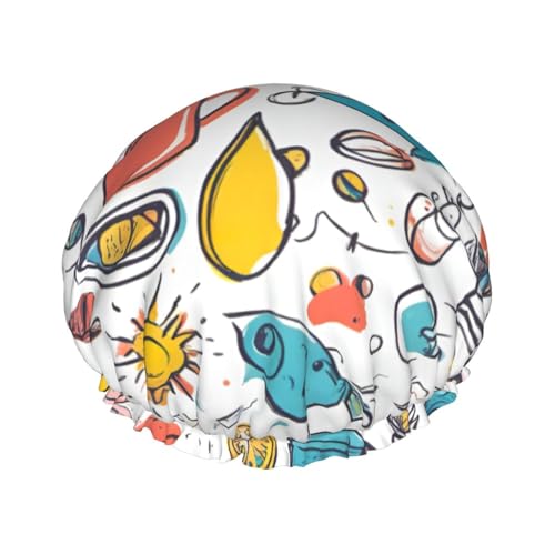 Bunte handgezeichnete Federn auf weißem Druck, Duschhaube, leichter Hut, geeignet für Frauen mit langen Haaren, weicher Duschhut von CADREWY