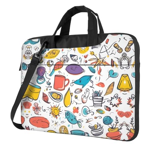 Bunte handgezeichnete Federn auf weißem Druck, schützende Laptoptasche, vielseitige Tasche, Computertasche, weich, für Damen und Herren, Schwarz, 13 inch von CADREWY