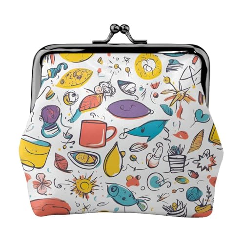 Bunte handgezeichnete Federn auf weißem Druck, tragbare Damen-Münzgeldbörse, niedlich, Mini-Reißverschluss-Geldbörse mit Kuss-Lock-Kreditkarten, Schwarz, Einheitsgröße von CADREWY