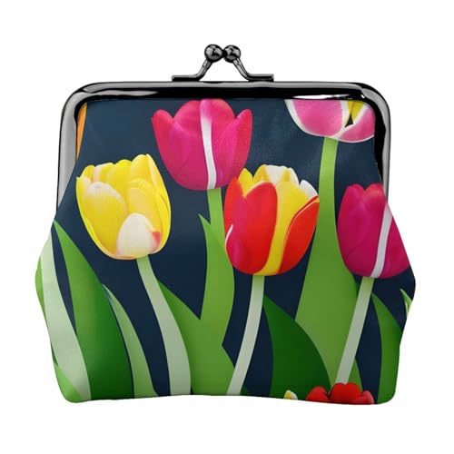 Buntes Tulpenmuster, tragbar, Damen-Münzgeldbörse, niedlich, Mini-Reißverschluss, Geldbörse mit Kussverschluss, Kreditkarten von CADREWY