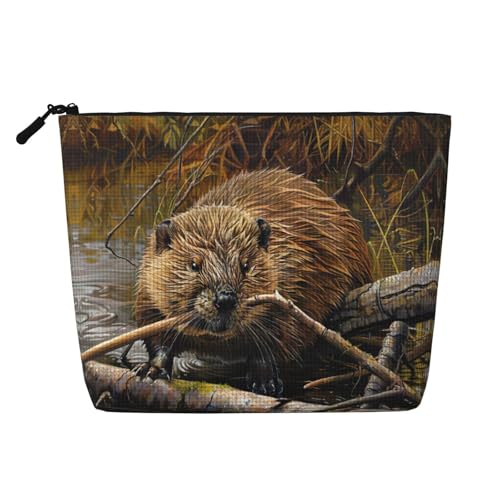 CADREWY Biber Kulturbeutel mit Aufdruck, einlagig, Make-up-Tasche, Reise-Kosmetik-Organizer, Arbeitstasche Essentials, Schwarz, Einheitsgröße von CADREWY