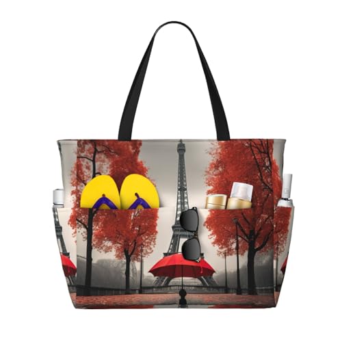 CADREWY Eiffelturm mit rotem Regenschirm-Druck, wasserdicht, Strand-Reisetasche, modisch, leicht, Segeltuch, mehrere Taschen von CADREWY