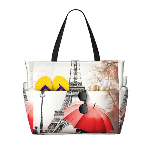 CADREWY Eiffelturm mit rotem Regenschirm-Druck, wasserdicht, Strand-Reisetasche, modisch, leicht, Segeltuch, mehrere Taschen von CADREWY