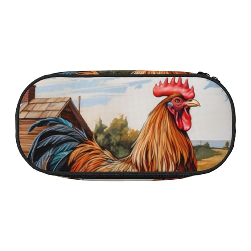 CADREWY Federmäppchen mit Hahn-Motiv auf Holz im Bauernland-Design, mit Reißverschluss, für den täglichen Gebrauch, bietet Platz für alle wichtigen Schreibwaren von CADREWY
