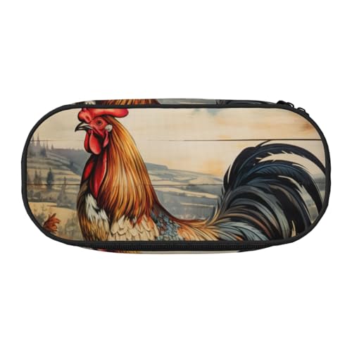 CADREWY Federmäppchen mit Hahn-Motiv auf Holz im Bauernland-Design, mit Reißverschluss, für den täglichen Gebrauch, bietet Platz für alle wichtigen Schreibwaren von CADREWY