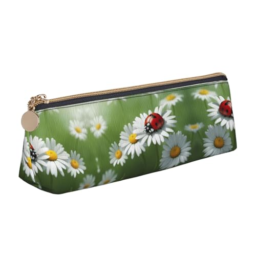 CADREWY Federmäppchen mit Marienkäfer auf Gänseblümchen-Druck, schlankes Federmäppchen, großes Fassungsvermögen, 21,6 x 5,6 x 6,1 cm, dreieckiger Stifthalter mit Reißverschluss von CADREWY