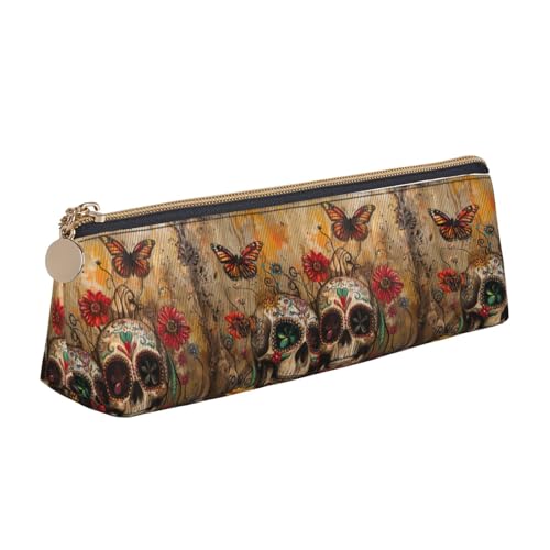 CADREWY Federmäppchen mit Totenkopf-Motiv, schmal, großes Fassungsvermögen, 21,6 x 5,6 x 6,1 cm, dreieckiger Stifthalter mit Reißverschluss von CADREWY