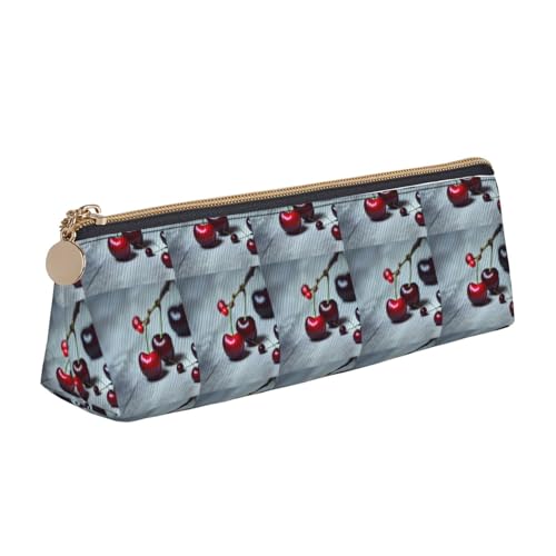 CADREWY Federmäppchen mit rotem Kirschenmuster, großes Fassungsvermögen, 21,6 x 5,6 x 6,1 cm, dreieckiger Stifthalter mit Reißverschluss von CADREWY