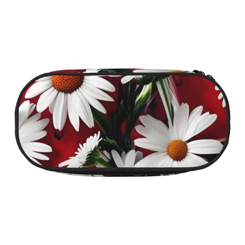 CADREWY Federmäppchen mit roten Blumen und weißen Gänseblümchen, mit Reißverschluss, für den täglichen Gebrauch, bietet Platz für alle wichtigen Schreibwaren von CADREWY