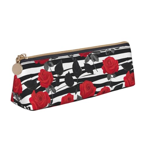 CADREWY Federmäppchen mit schwarz-weißen Streifen, roten Rosen und Blumen, großes Fassungsvermögen, 21,6 x 5,6 x 6,1 cm, dreieckiger Stifthalter mit Reißverschluss von CADREWY