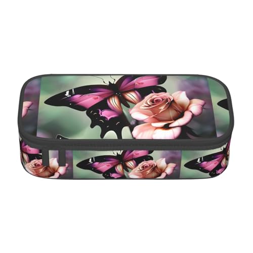 CADREWY Geräumiges Federmäppchen mit Blumen-Rosen- und Schmetterlings-Aufdruck, 21,6 x 5,1 x 9,4 cm, funktionale Aufbewahrung für Büro und Make-up von CADREWY