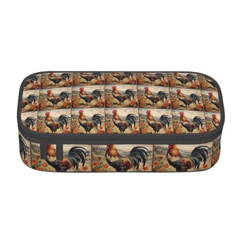 CADREWY Geräumiges Federmäppchen mit Hahn auf Holz im Bauernland-Druck, 21,6 x 5,1 x 9,4 cm, funktionale Aufbewahrung für Büro und Make-up von CADREWY