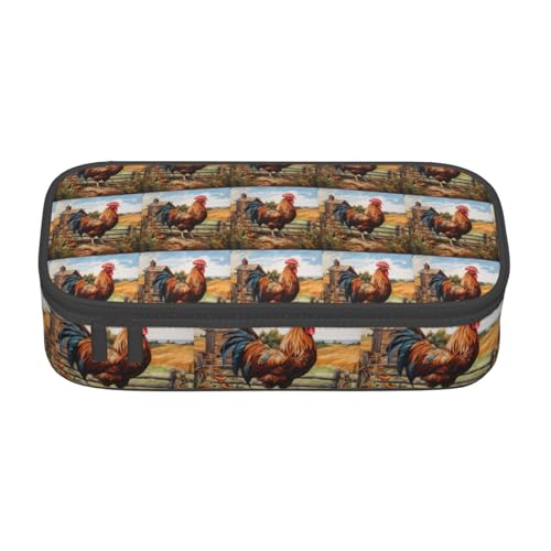 CADREWY Geräumiges Federmäppchen mit Hahn auf Holz im Bauernland-Druck, 21,6 x 5,1 x 9,4 cm, funktionale Aufbewahrung für Büro und Make-up von CADREWY