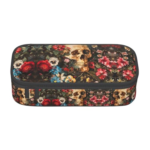 CADREWY Geräumiges Federmäppchen mit Totenkopf-Motiv, 21,6 x 5,1 x 9,4 cm, funktionale Aufbewahrung für Büro und Make-up von CADREWY