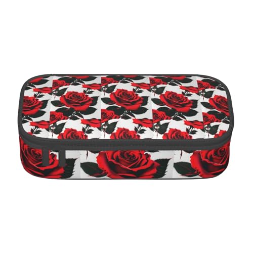 CADREWY Geräumiges Federmäppchen mit rotem Rosenmuster, 21,6 x 5,1 x 9,4 cm, funktionale Aufbewahrung für Büro und Make-up von CADREWY