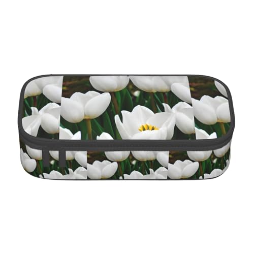 CADREWY Geräumiges Federmäppchen mit weißen Tulpen und Blumendruck, 21,6 x 5,1 x 9,4 cm, funktionale Aufbewahrung für Büro und Make-up von CADREWY