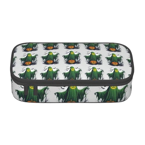 CADREWY Grüner Geist Horror Halloween Kürbis Druck Geräumiges Federmäppchen 8,3 x 2 x 3,7 Zoll Funktionelle Aufbewahrung für Büro und Make-up von CADREWY