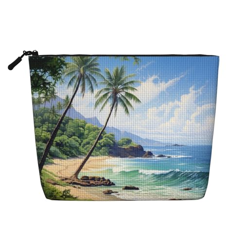 CADREWY Kulturbeutel, Motiv: Hawaiianischer Strand mit Palmen, einlagig, Make-up-Tasche, Reise-Kosmetik-Organizer, Arbeitstasche, Essentials, Schwarz, Einheitsgröße von CADREWY