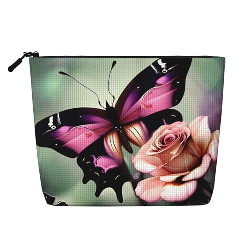 CADREWY Kulturbeutel mit Blumen-Rosen- und Schmetterlings-Aufdruck, einlagig, Make-up-Tasche, Reise-Kosmetik-Organizer, Arbeitstasche Essentials, Schwarz, Einheitsgröße von CADREWY