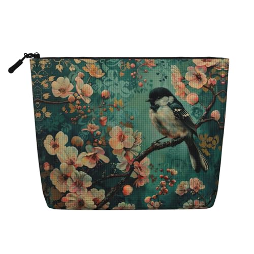 CADREWY Kulturbeutel mit Blumen- und Vogel-Kunstdruck, einlagig, Make-up-Tasche, Reise-Kosmetik-Organizer, Arbeitstasche von CADREWY