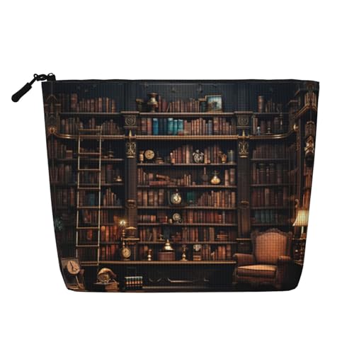 CADREWY Kulturbeutel mit Bücherregaldruck, einlagig, Make-up-Tasche, Reise-Kosmetik-Organizer, Arbeitstasche, Essentials, Schwarz, Einheitsgröße von CADREWY