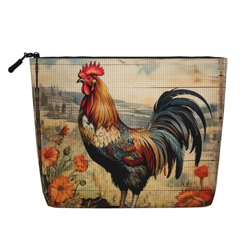 CADREWY Kulturbeutel mit Hahn auf Holz im Bauernland-Druck, einlagig, Make-up-Tasche, Reise-Kosmetik-Organizer, Arbeitstasche von CADREWY