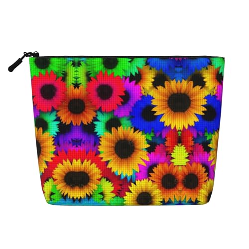 CADREWY Kulturbeutel mit Regenbogen-Sonnenblumen-Aufdruck, einlagig, Make-up-Tasche, Reise-Kosmetik-Organizer, Arbeitstasche Essentials, Schwarz, Einheitsgröße von CADREWY