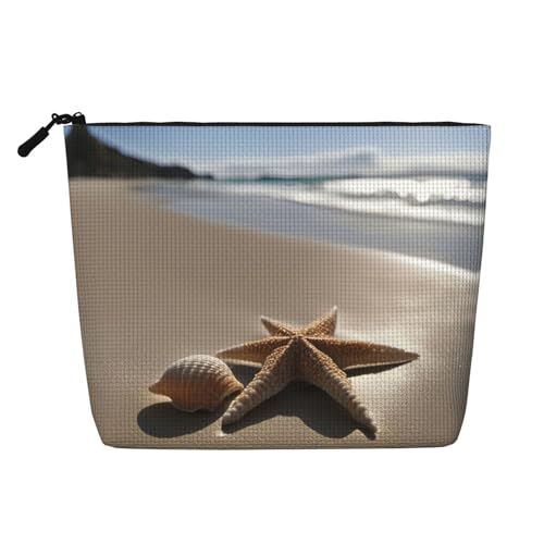 CADREWY Kulturbeutel mit Seestern, Muschel, Sandstrand, einlagig, Make-up-Tasche, Reise-Kosmetik-Organizer, Arbeitstasche, Essentials, Schwarz, Einheitsgröße von CADREWY